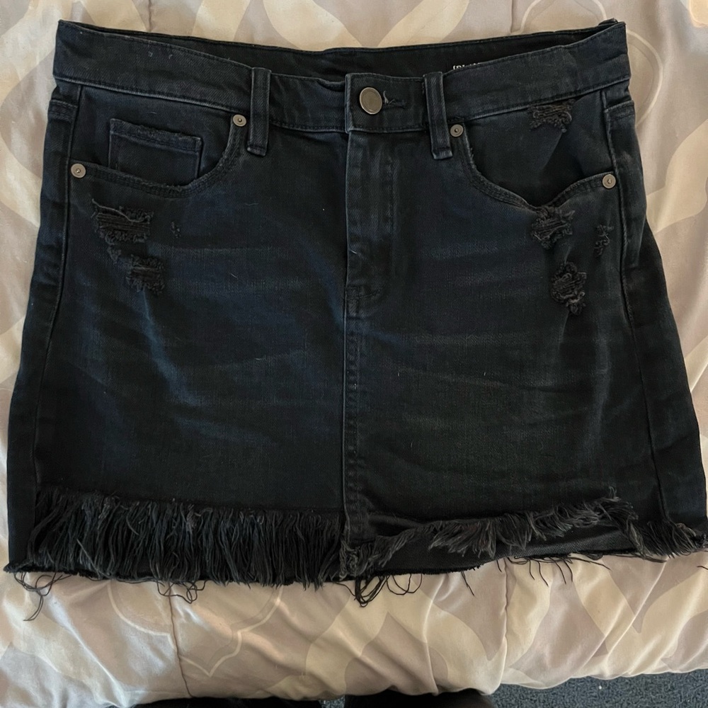 Black Distressed Denim Skirt with Fringe